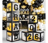 OLANRUN Graduation Decorations Balloons Boxes, 4 Pcs Black Balloon Boxes with 20 Pcs Balloons and GRAD 2026 & So Proud of You Letters, Class of 2026 Graduation Decoration for High School College