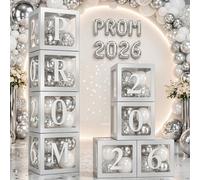 OLANRUN Prom Decorations 2026 Balloons Boxes, 4 Pcs Silver Balloon Boxes with 18 Pcs Balloons and 'Prom 2026' Balloon & Cards, Class of 2026 Graduation Decorations for High School College
