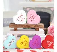OLANRUN Valentines Day Decorations, 6 Pcs Double Printed Wooden Valentines Decor Hearts Sign for Valentine Galentines, Romantic Valentine Day Table Decoration for Home Office Mantel Shelf