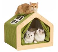 Olapawth Cat Bed for Indoor Cats, Wooden Cat Tent with Soft Pad and Cooling Mat, Ideal Washable Cat House, 18.7x16.5x15.5 inches