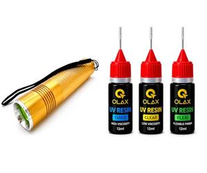 OLAX UV Resin Kit 12ml x3 with 365nm UV Torch, Clear Thick & Flexi Formulas, Precision Needle Applicator Bottles for Fly Tying, Lure Making, Crafts & Repairs