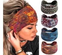 Olbye Wide Boho Headbands Floral Stretch Head Wraps Bohemian African Turban Hairbands Knotted Bandana Headband Yoga Running Head Scarfs Workout Hair Accessories for Women 4Pcs (Boho, 9.4 * 5.9'')