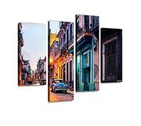 Old American car on Street at Dusk, Havana, Cuba Canvas Wall Art Hanging Paintings Modern Artwork Abstract Picture Prints Home Decoration Gift Unique Designed Framed 4 Panel