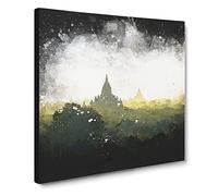 Old Bagan in Myanmar Paint Splash Modern Canvas Wall Art Print Ready to Hang, Framed Picture for Living Room Bedroom Home Office Décor, 14x14 Inch (35x35 cm)