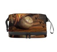 Old Baseball Glove with Weathered Sport Ball Double Layer Cosmetic Bag for Women and Girls, Travel Toiletry Bag Makeup Handy Pouch Organiser Bag with Brush Compartment