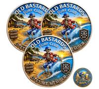 Old Bastards Surf Club Coin - Lifetime Member Skeleton Surfer Keepsake, LIFE'S BETTER ON THE WAVE Skeleton Surfer Challenge Coin, Gift for Surfers Beach Lovers (3pcs)