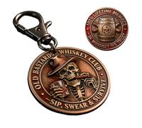 Old Bastards Whiskey Club Challenge Coin Keychain, Retro Skull Design with Cigar and Glass, Copper Finish Metal Keychain with Lobster Clasp