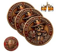 Old Bastards Whiskey Club Coin, Sip, Swear & Survive Coin, Vintage Double-Sided Token, Funny Whiskey Challenge Coins with Skull Design, Tough Old Bastard Gift for Whiskey Lovers (3pc)