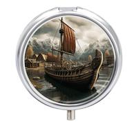 Old Boat Travel Pill Box Case 3 Compartment Cute Pill Organizer Metal Pill Holder with Mirror Small Medicine Organizer Daily Pill Container for Purse Pocket Portable Meds Box