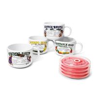 Old & Bold - 4 27 Oz Soup Bowls With Lids - Retro Soup Recipe Ceramic Mugs With Vented Lids and Handles - Version 2 - Pack of 4 - Microwave and Dishwasher Safe - For Soup, Instant Noodles, Cereal (V2)
