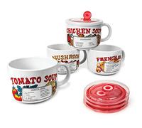 Old & Bold - 4 27 Oz Soup Bowls With Lids - Retro Soup Recipe Ceramic Mugs With Vented Lids and Handles - Version 2 - Pack of 4 - Microwave and Dishwasher Safe - For Soup, Instant Noodles, Cereal (V1)