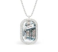 Old Bookshop Christmas Decorated Vintage Rectangle Pendant Necklace Silver Women Jewelry Alloy Keychain Tag Jewelry