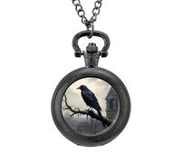 Old Castle and Black Crow Vintage Pocket Watch Alloy Pendant Watches Necklace Gift for Men Women Black-Style