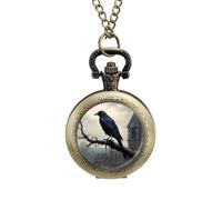 Old Castle and Black Crow Vintage Pocket Watch Alloy Pendant Watches Necklace Gift for Men Women Coppery-Style