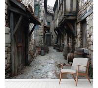 Old City Architectural Street Large Mural Self Adhesive Wallpaper 256x350 cm, Retro Rustic Wallpaper, Wooden Old Stone Wall Stickers Vinyl for Living Room, Kitchen Wall Art