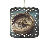 Old Compass Ceramic Christmas Ornaments Rustic Square Xmas Tree Pendant Decor with Hanging String Personalized Double-Sided Holiday Party Ornament for Xmas Gifts