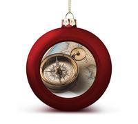 Old Compass Christmas Tree Ornaments 1.6 Inch Shatterproof Pc Plastic Balls with Lanyard Baubles Hanging Christmas Ball Ornaments for Xmas Tree Holiday Party Wedding Home Decorations-red