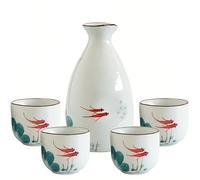 Old Craftsmen's Japanese Sake Set 5 Pieces Traditional Sake Cup Set 4 Sake Cups 50ml and Sake Bottle 350ml Hand Painted Design Porcelain Pottery Ceramic Soju Cups Saki Glasses (Gold Fish)