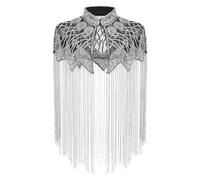 Old DIrd 1920s Flapper Dresses for Women Fringed Shawl Wraps Sequin Beaded Evening Cape Art Deco for Wedding Party, Silver, One Size