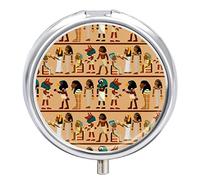 Old Egyptian Papyrus and Hieroglyph Retro Vintage Style Iron Pill Box Case Organizer with Internal Separate Plastic Dividers, Travel Small Medicine Bag Holder Carrier Round Container