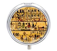Old Egyptian Papyrus and Hieroglyph Retro Vintage Style Iron Pill Box Case Organizer with Internal Separate Plastic Dividers, Travel Small Medicine Bag Holder Carrier Round Container