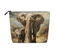 Old Elephant and Young Elephant Print Cosmetic Bag for Women,Faux Linen Makeup Bag Large Capacity,Perfect for Travel Daily Use
