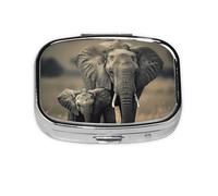 Old Elephant and Young Elephant Print Metal Iron Plating Square Mini Pill Box Portable Pill Box for Home Traveling Purse