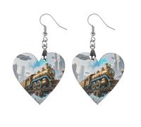 Old Engine Train Dangle Earrings for Women Trendy Lightweight Wood Geometric Earring Wooden Bohemian Print Eardrop Vintage Jewelry Gift Mother Valentine's Day, Love, Wood, No Gemstone