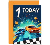 Old English Co. 1st Birthday Card for Boy or Girl - Racing Cars Birthday Card for Child - First Birthday Card for Him or Her - Age One Racing Cars Gift Birthday Card | Blank Inside Envelope