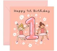 Old English Co. 1st Birthday Card for Girl with Flower Ballerina - Cute Girls Happy Birthday Cards - Pink Sparkle First Birthday Card for Her - Age One Girl Birthday Card | Blank Inside Envelope