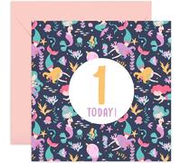 Old English Co. 1st Birthday Card for Girl with Pastel Mermaids - Cute Girls Happy Birthday Cards - Cute Mermaid First Birthday Card for Her - Age One Girl Birthday Card | Blank Inside Envelope