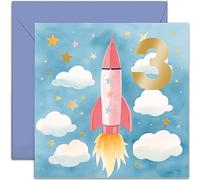 Old English Co. 3rd Birthday Card Boy or Girl - Age Three - Rocket Birthday Card For Son Daughter Niece Nephew - Third Bday Gifts - Gold Foil Number with Rocket Design | Blank Inside with Envelope