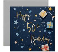 Old English Co. 50th Birthday Card for Him - Navy Blue Male Birthday Card for Family - Stars Wrapped Gifts Presents Card Design - Modern Birthday Card - Gift for Him - Grandad Dad Uncle