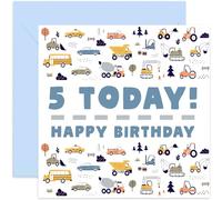 Old English Co. 5th Birthday Card for Boy or Girl - Fun Car Lorry Van Birthday Card for Child - Fifth Birthday Card for Him or Her - Age Five Colourful Vehicle Birthday Card | Blank Inside Envelope