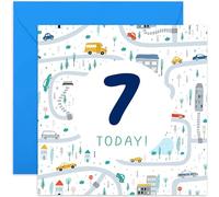 Old English Co. 7th Birthday Card for Boy or Girl - Fun Cars Vehicle Road Birthday Card for Child - Seventh Birthday Card for Him or Her - Age Seven Colourful Vehicle Birthday Card | Blank Inside