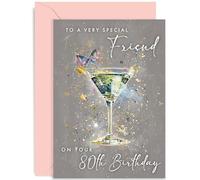 Old English Co. 80th Birthday Card for Female Friend - Age 80 - Special Friend Birthday - Cocktail Design - Contemporary Female Birthday Card for Her - Eightieth Female Birthday Card | Blank Inside