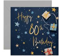 Old English Co. 80th Birthday Card for Him - Navy Blue Male Birthday Card for Family - Stars Wrapped Gifts Presents Card Design - Modern Birthday Card - Gift for Him - Grandad Dad Uncle