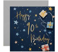 Old English Co. 90th Birthday Card for Him - Navy Blue Male Birthday Card for Family - Stars Wrapped Gifts Presents Card Design - Modern Birthday Card - Gift for Him - Grandad Dad Uncle