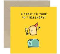 Old English Co. 90th Birthday Card - Fun Toast Pun Card - Funny Birthday Cards for Women and Men - 'A Toast To You Birthday' Card - Humorous Birthday Gift for Him and Her | Blank Inside