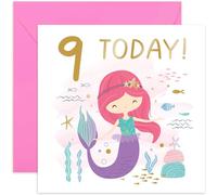 Old English Co. 9th Birthday Card for Girl with Mermaid Starfish - Cute Girls Happy Birthday Cards - Purple Gold Nineth Birthday Card for Her - Age Nine Girl Birthday Card | Blank Inside Envelope