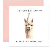 Old English Co. Alpaca Funny Birthday Card for Him or Her - 'Alpaca My Birthday Hat' - Witty Animal Pun Card for Friends - Cute Design for Kids and Adults - Birthday Card | Blank Inside with Envelope