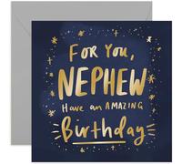 Old English Co. Amazing Birthday Nephew Card - Stylish Gold Cosmic Stars Greeting Card for Men Birthday | Birthday Card for Nephew from Aunt Uncle | Blank Inside & Envelope Included