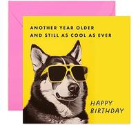 Old English Co. 'Another Year Older and Still as Cool as Ever' Funny Birthday Card for Him - Humour Huskey Dog Birthday Card - Hilarious Birthday Card for Son, Dad, Grandson | Blank Inside Envelope