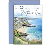 Old English Co. Artistic 60th Birthday Card for Brother in Law - Watercolour Seaside Town Birthday Card for Special Brother in Law - Traditional Birthday Card for Him | Blank Inside with Envelope