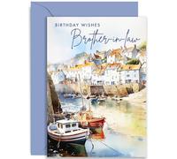 Old English Co. Artistic Birthday Card for Brother in Law - Watercolour Seaside Fishing Port Town Birthday Card for Him - Traditional Birthday Card for Men - For Brother-in-law | Blank Inside