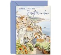 Old English Co. Artistic Birthday Card for Brother in Law - Watercolour Seaside Town Birthday Card for Him - Traditional Birthday Card for Men - Birthday Gift For Brother in law | Blank Inside