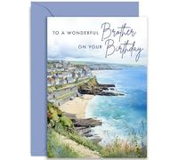 Old English Co. Artistic Birthday Card for Brother - Watercolour Seaside Town Birthday Card for Wonderful Brother - Traditional Birthday Card for Him - For Brother | Blank Inside with Envelope