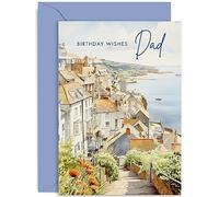 Old English Co. Artistic Birthday Card for Dad - Watercolour Seaside Town Birthday Card for Him - Traditional Birthday Card for Men - For Dad | Blank Inside with Envelope
