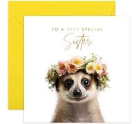Old English Co. Baby Meerkat Very Special Sister Card - Meerkat Floral Cute Birthday Card for Her - Cute Well Done Congratulations Cards for Sister from Family Friends | Blank Inside Envelope