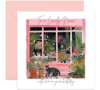 Old English Co. Birthday Card for Niece - Pink Shop Front Flora Design Birthday Card for Her - Cute Birthday Card for Family - 30th, 40th, 50th Birthday Card | Blank Inside Envelope